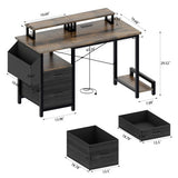 Computer Desk With Drawer And Power Outlets, 47 Office Desk With 2 Monitor Stands And Fabric File Cabinet, Writing Gaming Table With Shelves And Hooks For Home Office, Rustic Brown