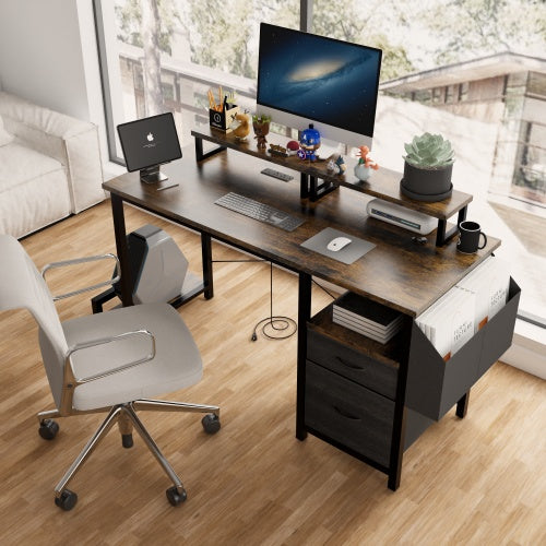 Computer Desk With Drawer And Power Outlets, 47 Office Desk With 2 Monitor Stands And Fabric File Cabinet, Writing Gaming Table With Shelves And Hooks For Home Office, Rustic Brown